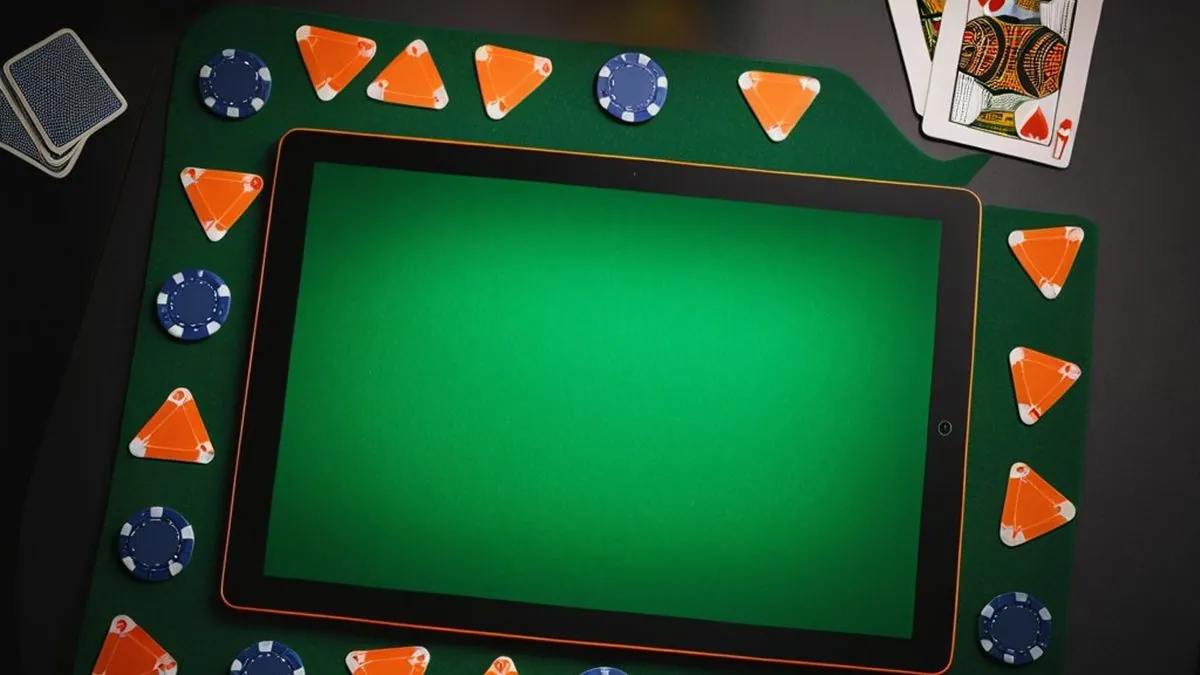 Tablet sobre un tapete verde de mesa de juego con fichas y naipes alrededor