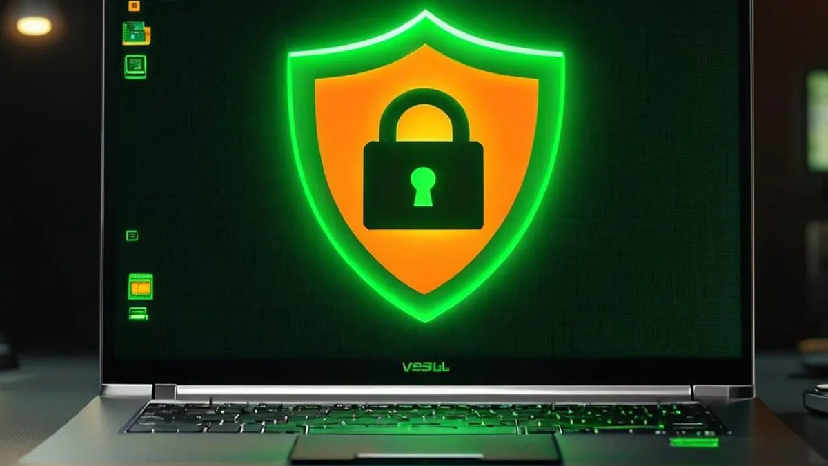 Laptop con un escudo verde y naranja con candado en la pantalla