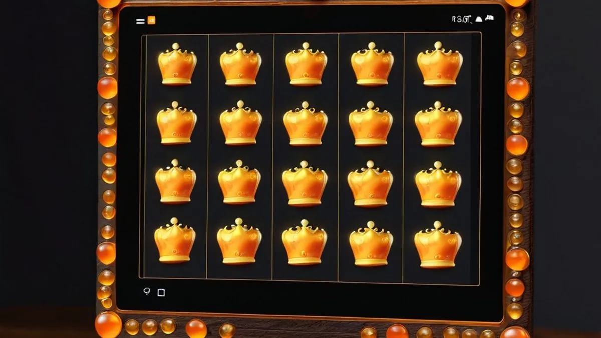 Tablet con una tragamonedas de coronas doradas dentro de un marco con luces naranjas