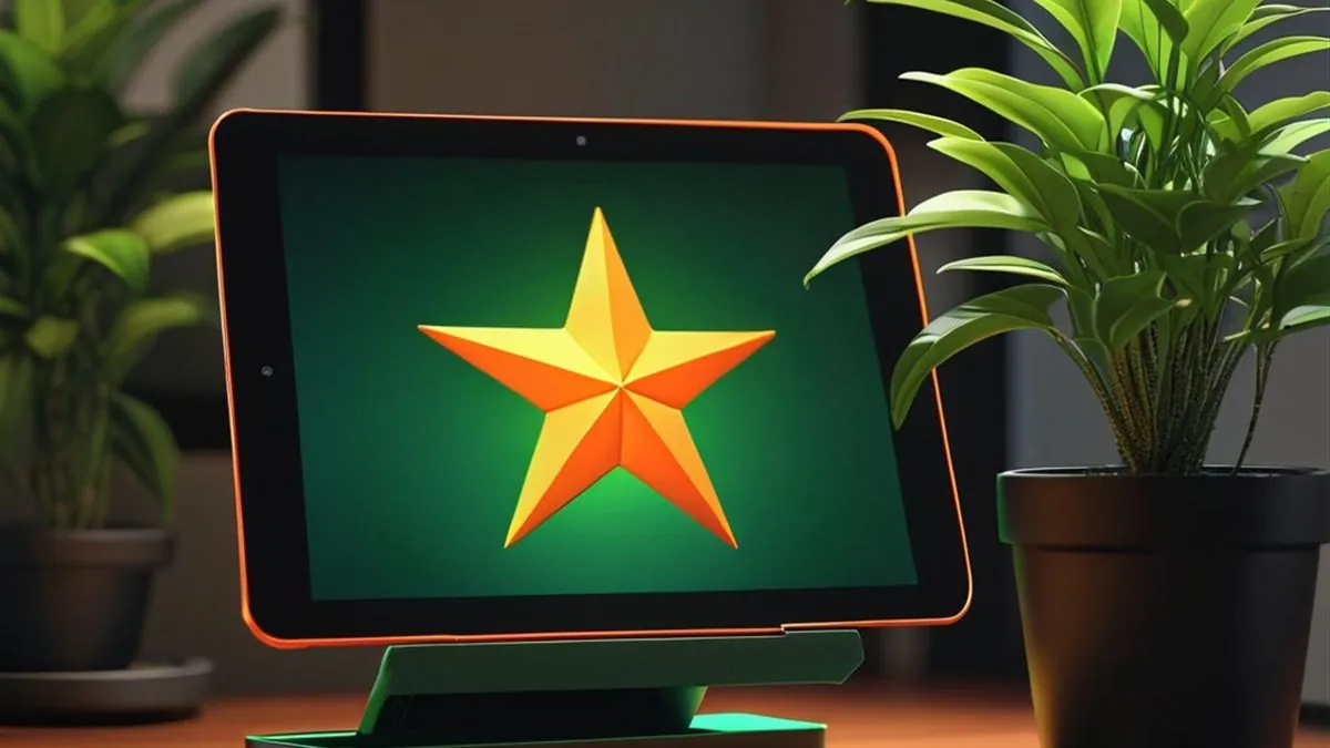 Tablet con una estrella naranja en pantalla verde entre plantas sobre un escritorio
