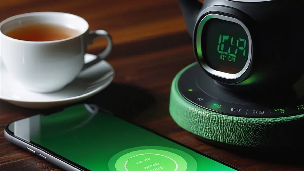 Celular con un temporizador verde en pantalla junto a una taza de té sobre la mesa