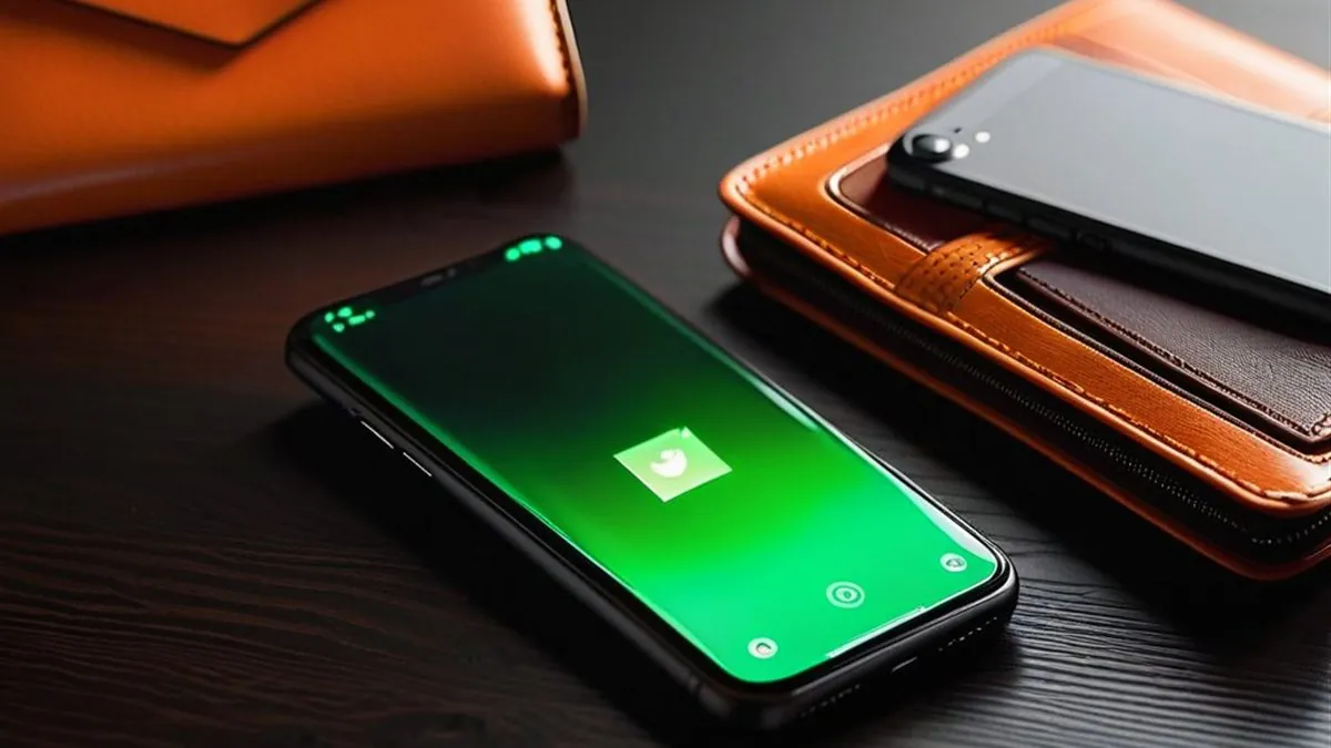 Celular con pantalla verde junto a carteras de piel naranja sobre una mesa oscura